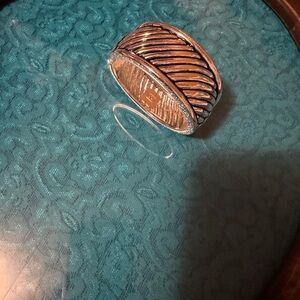 Textured Silver-Tone Wide Band Ring with Ribbed Detail - Silver